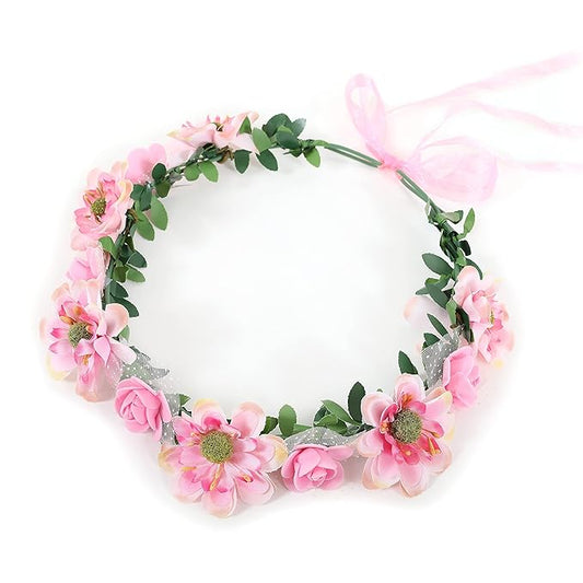 Gmmidea Women Girls Boho Flower Crown Adjustable Sunflower Floral Headband Wedding Bridal Headpiece Pink