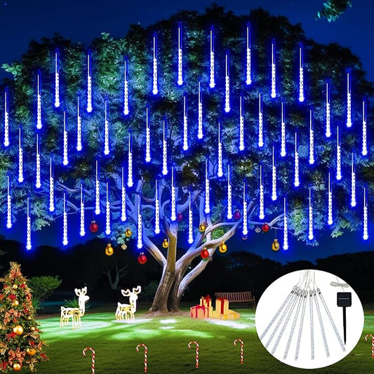 JMEXSUSS Solar Christmas Lights Outdoor, 8 Tube 144 LEDs Solar Meteor Shower Lights Outdoor, Hanging Blue Christmas Light ...