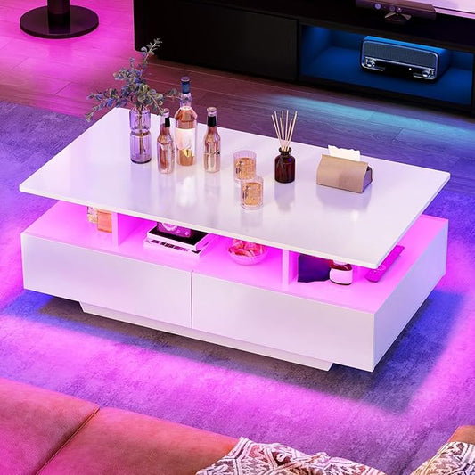YITAHOME LED Coffee Tables for Living Room, High Glossy Coffee Table with Storage 4 Sliding Drawers, Small Rectangular LED...