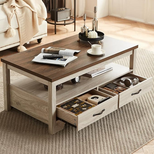 LINSY Farmhouse Coffee Table, Rectangle Coffee Table with Drawers, Rustic Wooden Coffee Tables with Storage, Center Table ...