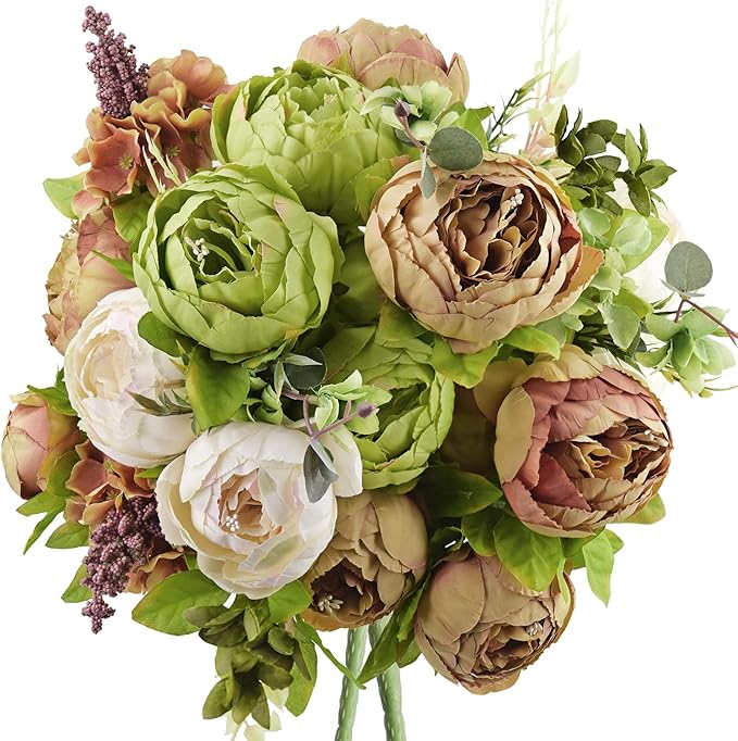 FiveSeasonStuff Rustic Brown, Beige & Green Artificial Peony Bouquets, 2 Silk Flower Bundles with Hydrangeas for Wedding &...