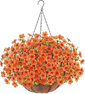 Artificial Flowers Hanging Plants in Basket, Artificial Hanging Flowers for Spring Outdoor Indoor Decor, UV Resistant Hang...