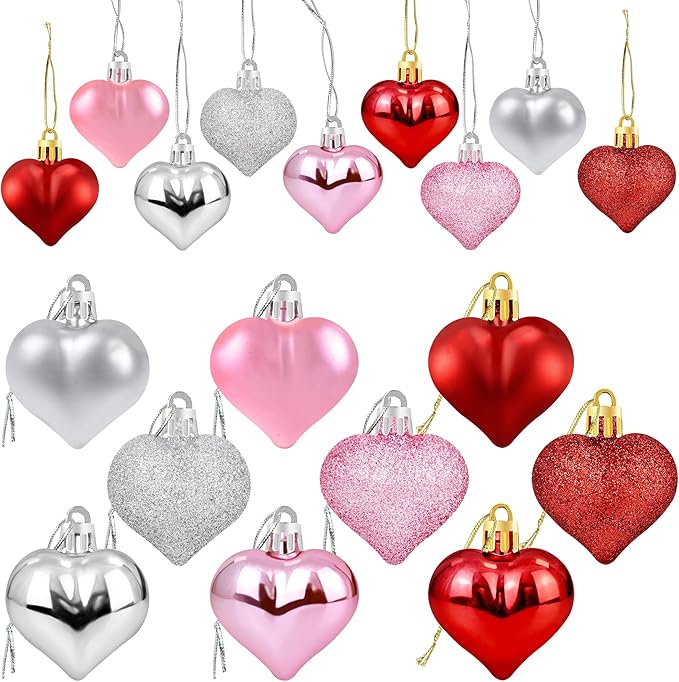 36Pcs Valentines Heart Shaped Ornaments - Valentines Heart Decorations - Red Pink Silver Glitter Heart Shaped Baubles - Ro...