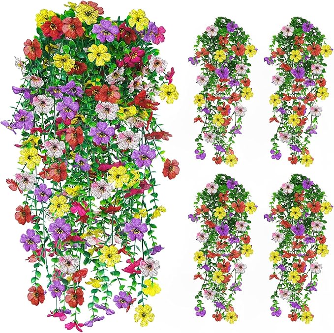 IDEVRE Artificial Hanging Flowers 4 Bundles UV Resistant Fake Flowers for Outdoor Decor Realistic Silk Flower Faux Plants ...