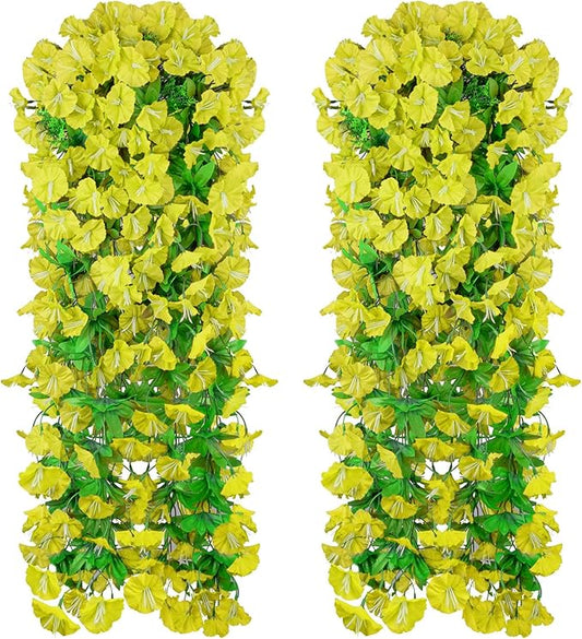 Elecxlink 2PCS Artificial Hanging Flowers, UV Resistant Fake Plastic Faux Hanging Plants Morning Glory Vines for Indoor Ou...
