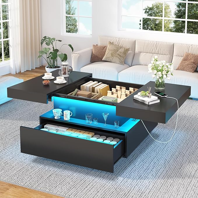 31.5" Square Coffee Table with Sliding Top and Charging Station, Black Coffee Tables with LED Lights and Storage Drawer fo...