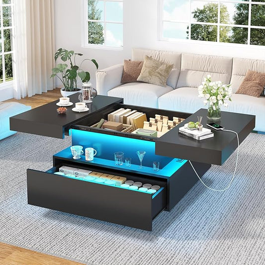31.5" Square Coffee Table with Sliding Top and Charging Station, Black Coffee Tables with LED Lights and Storage Drawer fo...
