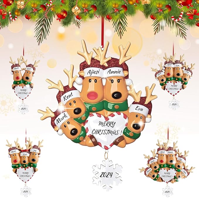 Personalized Heart Reindeer Christmas Ornaments 2025 - Custom Resin Elk Deer Ornament for Christmas Tree, DIY Family Name ...