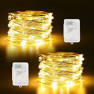 Timer Fairy Lights Battery Operated 2 Pack 16.4Ft 50 LEDs Silver Copper Wire Twinkle String Lights with Timer 5 Lighting M...