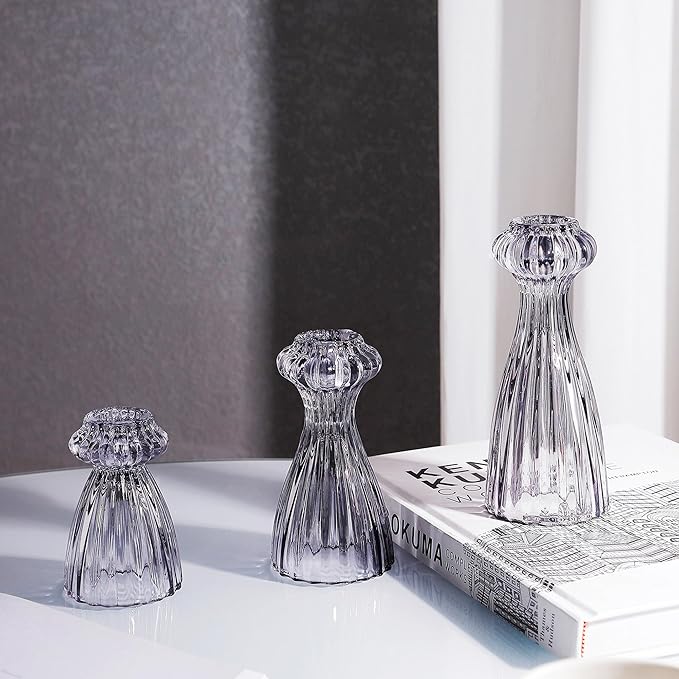Lysenn Glass Candle Stick Holder Set of 3 – Premium Taper Candle Holders for Romantic Ambiance - Candle Sticks Holder Deco...