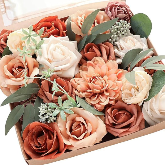 Floroom Terracotta Artificial Flowers Burnt Orange Fake Roses Peonies Dahlia Greenery Combo Box Set for DIY Wedding Bouque...