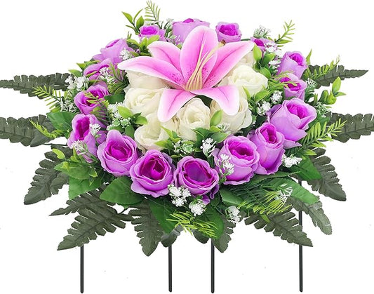 IDMOP Artificial Cemetery Flowers,Grave Decorations Handcrafted Fake Birthday Flowers Cake,Silk Memorial for Cemetery for ...