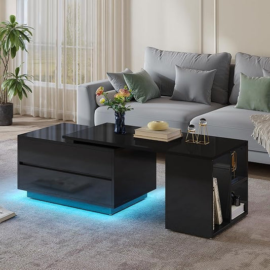YITAHOME LED Coffee Table with Storage 4 Drawers, Modern Coffee Tables for Living Room, Wooden Rectangle Extendable Center...