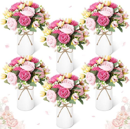 Domensi 6 Sets Wedding Floral Centerpiece for Table Decor, Artificial Peonies Silk Flowers Bouquet with Flower Foam and Me...