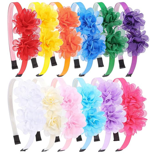 WJYX BOWS 12pcs/set Decorative Floral Headbands Rainbow and Pastel Colors Double Chiffon Flowers Hairband Sweet and Elegan...