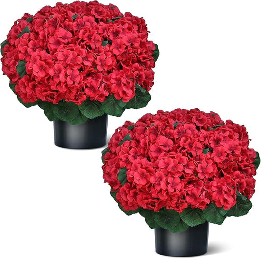 Juxdp 18" Artificial Geraniums Topiary - 2 Set for Front Porch Decor,Faux Silk Flowers Bushes UV Resistant Potted Plants f...