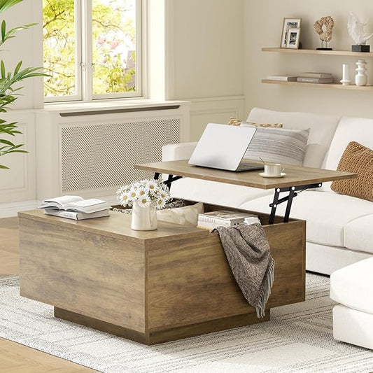 FABATO Lift Top Coffee Table, Wood Square Coffee Table with Storage, Farmhouse Coffee Tables with Hidden Storage Compartme...