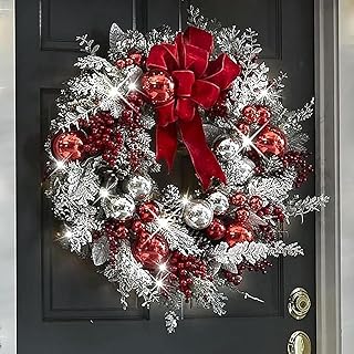 Red and White Holiday Wreath for Front Door - Cordless Wall Hanging Christmas Garland Trim for Indoor and Outdoor Decor