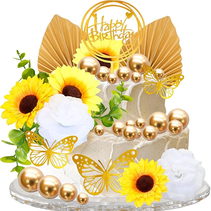 Gyufise 54Pcs Artificial Sunflower Cake Decorations Acrylic Happy Birthday Cake Topper Butterfly Balloon Cake Toppers for ...