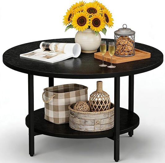 FAMIDGE Coffee Table, 27.6“ Circle Coffee Tables for Living Room, 2 Tier Round Coffee Table with Storage, Wood Accent Cent...