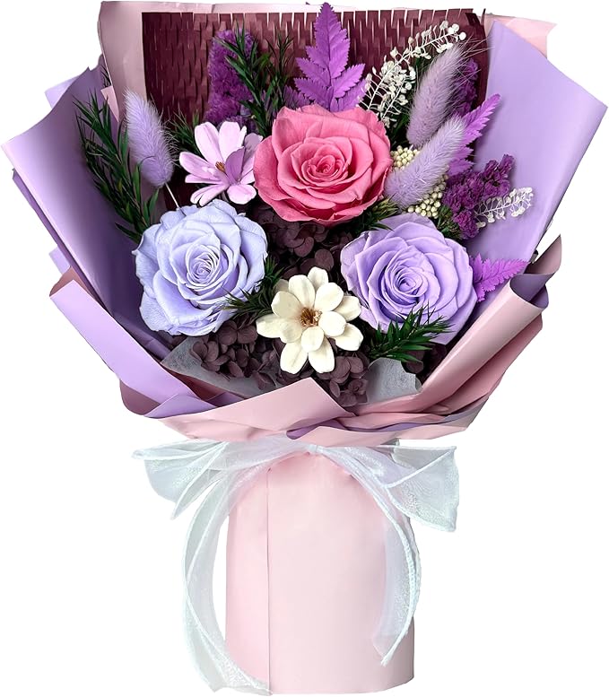 Cyrabota Purple Preserved Roses Bouquet with Vase - Real Forever Roses (Last 1-3 Yrs), Preserved Flowers Bouquet Christmas...