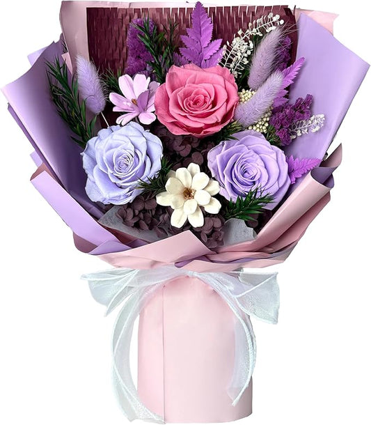 Cyrabota Purple Preserved Roses Bouquet with Vase - Real Forever Roses (Last 1-3 Yrs), Preserved Flowers Bouquet Christmas...