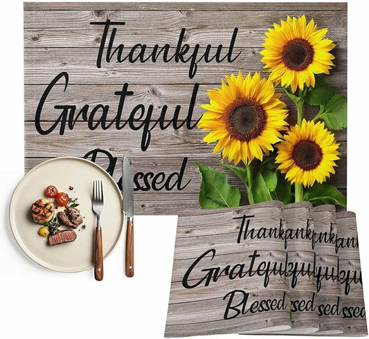 Sunflower Wooden Placemats Set of 6, Farmhouse Floral Washable Wipeable Table Mats for Dining Tables, Vintage Botanical In...