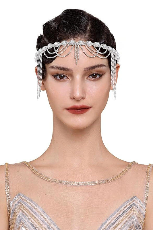 BABEYOND 1920s Flapper Headband for Women - Pearl Rhinestone Gatsby Headpiece Vintage Wedding Bridal Hair Accessories