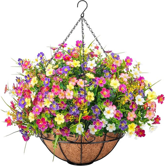 Ouddy Decor Artificial Hanging Flowers with Basket, Faux Silk Flowers in Coconut Lining Basket, Spring Summer Outdoor Deco...