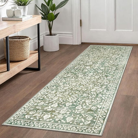 SILOLOOM Vintage Washable Runner Rug 2x6, Sage Green Beige Runners for hallways, Super Soft Kitchen Runner Rug Non Slip, P...