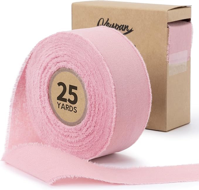 Keypan Pink Ribbon Set 1-1/2 Inch Handmade Cotton Frayed Fringe Fabric Ribbons for Baby Shower Crafts Flower Bouquets Wedd...