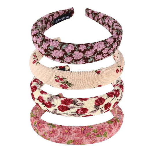 ShioShin 4 Pack Floral Headband, Non Slip Padded Headbands for Women, Vintage Boho Headbands for Women, Comfortable Flower...