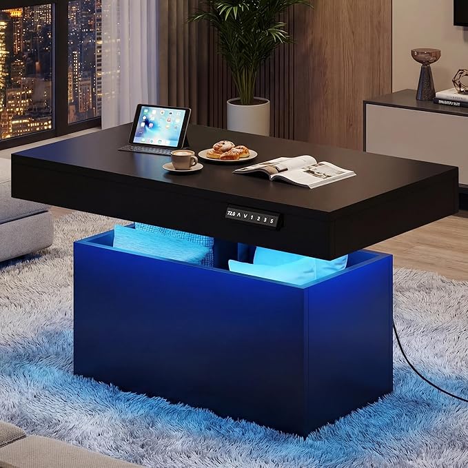 Homkdom 39.4" Electric Lift Top Coffee Table, Adjustable Height Table with Storage & LED Light, Coffee Tables for Living R...