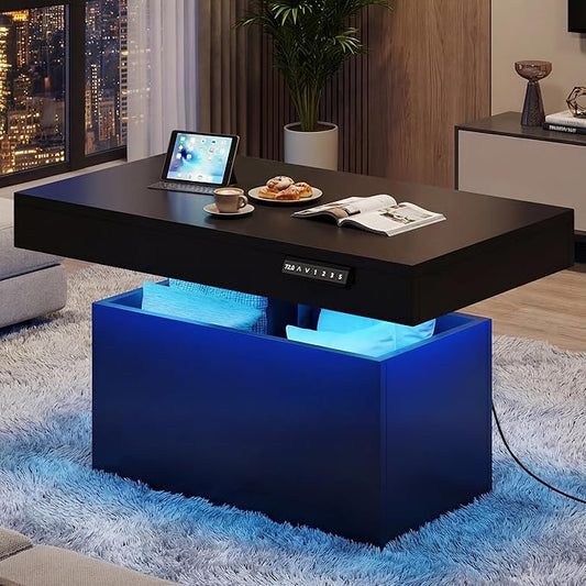 Homkdom 39.4" Electric Lift Top Coffee Table, Adjustable Height Table with Storage & LED Light, Coffee Tables for Living R...