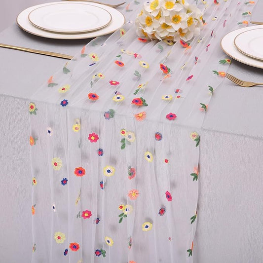 SAJOO 10ft White Embroidery Daisy Tulle Table Runner 120 Inch Floral Table Runners Summer Sheer for Kitchen Dining Easter ...