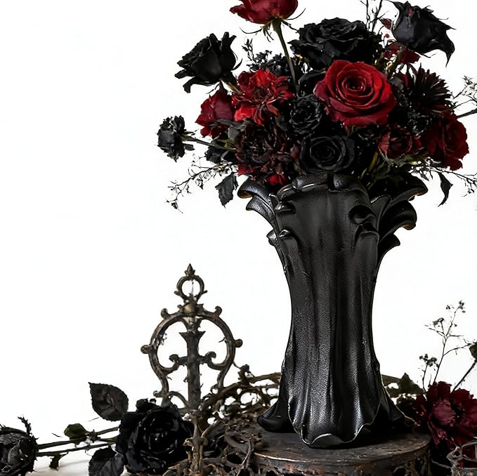 ZgdLScyF Vintage Gothic Ceramic Vase, 8.74×6.46×5.63inches, Matte Black Flower Vase for Red & Black Roses,Dark Academia Wi...