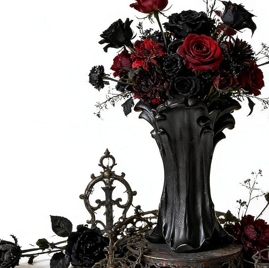 ZgdLScyF Vintage Gothic Ceramic Vase, 8.74×6.46×5.63inches, Matte Black Flower Vase for Red & Black Roses,Dark Academia Wi...