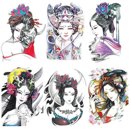 Oottati 6 Sheets Arm Waterproof Temporary Tattoo Stickers, Colorful Japanese Ancient Beauty Lady Women Hairpin Geisha Praj...