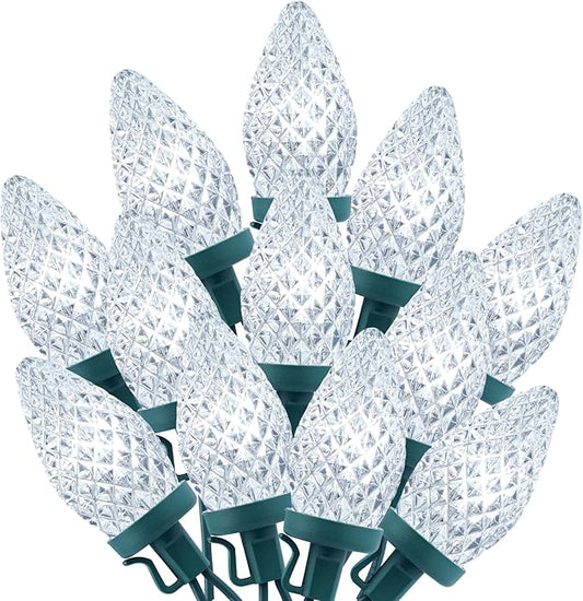 Brightown C9 Christmas String Lights White, 66ft 100 LED Faceted Christmas Lights on Green Wire, Plug-in Large Bulb Strawb...