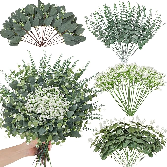 Faylifeway 120 Pcs 4 Kinds Mixed Eucalyptus Greenery Stems, Baby Breath Flowers Artificial Bulk and Greenery Stems for DIY...