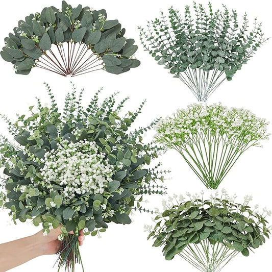 Faylifeway 120 Pcs 4 Kinds Mixed Eucalyptus Greenery Stems, Baby Breath Flowers Artificial Bulk and Greenery Stems for DIY...