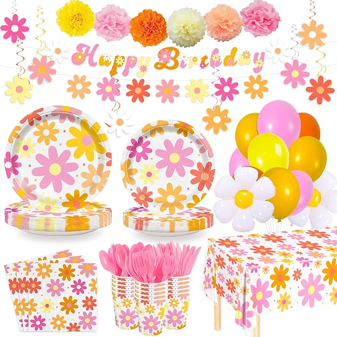 236pcs Groovy Daisy Party Supplies Daisy Plates Napkins Flower Tablecloth Banner Balloons Daisy Boho Paper Cups Dinner Tab...