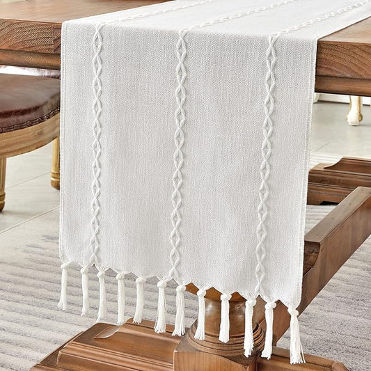 Wracra Rustic Linen Table Runner Farmhouse Style Table Runners 72 inches Long Embroidered Table Runner with Hand-Tassels f...