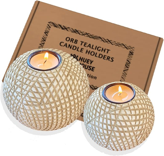 Luca Orb Tea Light Candle Holders (Gift Boxed Set of 2) Grid Pattern, Beige and White