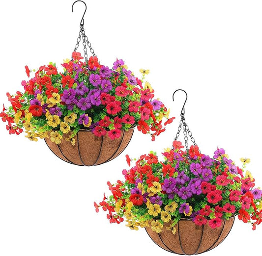 Hananona 2 Set Artificial Outdoor Flowers with Hanging Basket, 2 Hanging Planters with 24 Pcs Flowers for Spring Summer Fr...