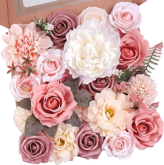 Dusty Pink Artificial Flowers Combo, Fake Silk Blush Dahlia Roses Bulk with Stems Set for Wedding Bridal Bouquets, Baby Sh...