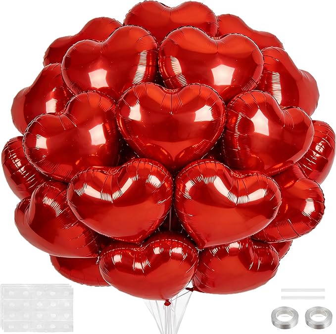 18 Inch Red Heart Balloons, 30 Pcs Foil Heart Shaped Balloon Large Foil Valentines Balloons Helium Support for Valentine's...
