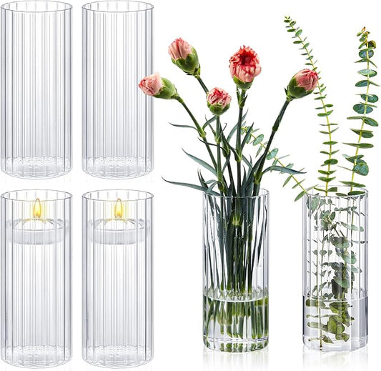 Ninehaoou 6 Pcs 8 Inch Tall Glass Ribbed Cylinder Vases Clear Floating Candle Flower Vase in Bulk, Hurricane Candle Holder...