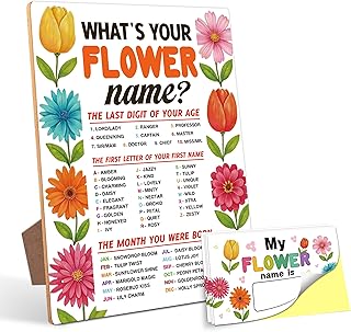 Flower Decorations for Birthday Party Game, What is Your Flower Name,6×8 Wooden Play Sign with Stand and 30 Name Stickers Set