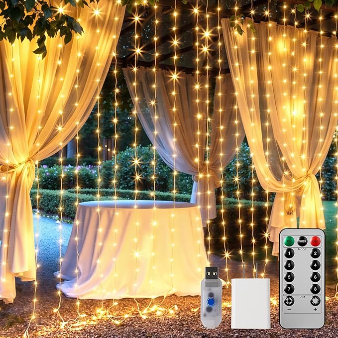 Brightown 300 LED Curtain Lights, 9.8 FT Plug in Fairy Lights for Bedroom, 8 Lighting Modes, Christmas Hanging Lights for ...